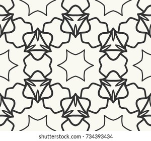 Black and white graphic background, seamless line pattern in arabian style. Repeating geometric lace texture for wallpaper, packaging, banner, invitation, business card, fabric print.