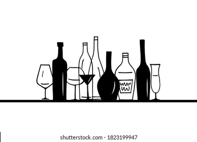 Fondo gráfico negro y blanco con botellas y gafas estilizadas. Tu texto aquí.