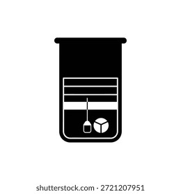 Black and white graphic of a beaker filled with liquid, containing a tea bag and a circular object.