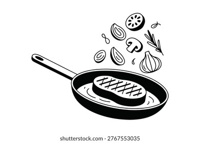 Black and white graphic of beef steak sizzling in skillet with floating tomato onion and garlic pieces, culinary arts vector illustration.