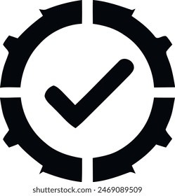 A black and white graphic of a checkmark inside a shield-like design, which is commonly used to indicate approval or success.
