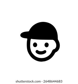 Black and white graphic of a child's head with a cap and a happy expression