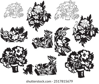 Black and white graphic clip art flowers ink spot ornamental set plant in pot flower illustration monochrome painting outline silhouette stain drawing line art bouquet in vase sketch 