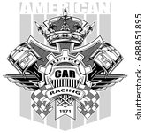 Black and white graphic coat of arms with crossed racing flag pistons royal diamond crown gear and wings on grey background vector