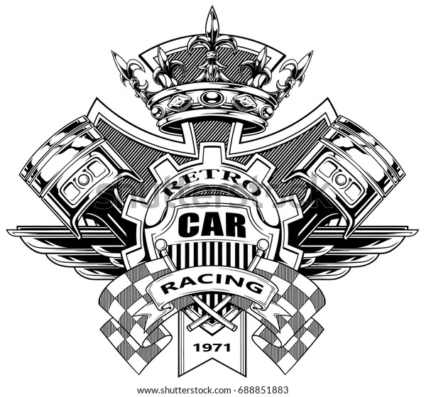 Black and white\
graphic coat of arms with crossed racing flag pistons royal diamond\
crown gear and wings\
vector