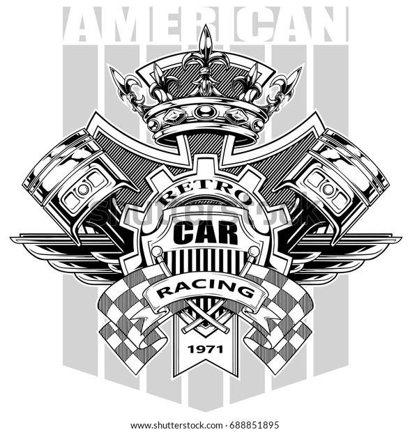 Black and white graphic coat of arms with crossed
racing flag pistons royal diamond crown gear and wings on grey
background vector