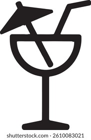 A black and white graphic of a cocktail glass filled with a drink, adorned with a small umbrella and a straw.