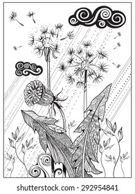 Black and white graphic dandelions. Vector illustration