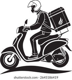 A black and white graphic of a delivery courier riding a scooter. The driver wears a helmet and carries a large thermal box on their back, suggesting a speedy food delivery service.
