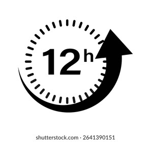A black and white graphic depicting a clock with an upward arrow, indicating a 12-hour delivery or processing time.