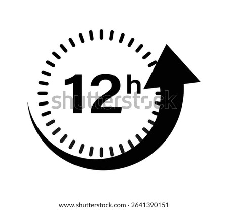 A black and white graphic depicting a clock with an upward arrow, indicating a 12-hour delivery or processing time.