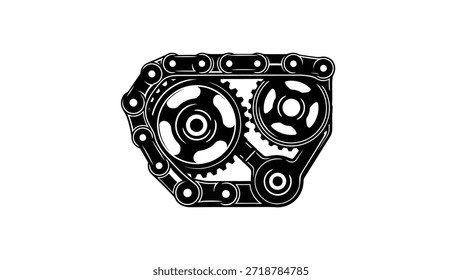 Um gráfico preto e branco representando um sistema mecânico complexo com uma corrente de sincronização, rodas dentadas e tensor.