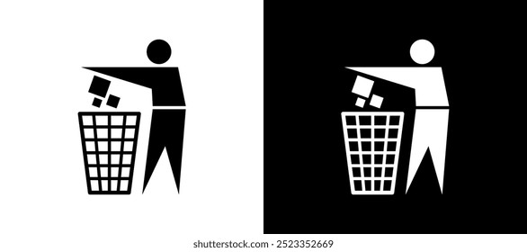 Black and white graphic depicting a figure disposing of waste in a trash bin