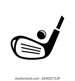 A black and white graphic depicts a golf club about to strike a golf ball.