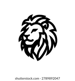 A black and white graphic depicts the head of a lion in a bold, stylized manner. The design showcases a detailed mane and facial features against a clean white backdrop. This vector illustration could be suitable for various branding projects, logos, or design elements, offering versatility in application.