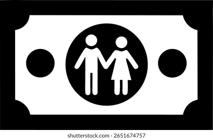 Un graphique noir et blanc représente une forme rectangulaire ressemblant à de l'argent, avec un cercle au centre avec un symbole de couple, représentant l'amour et les valeurs familiales.