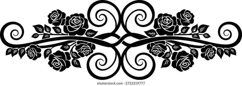 A black and white graphic design features a symmetrical border with roses and swirling scrolls. The floral elements are detailed with leaves and petals.