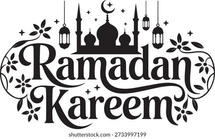 Um design gráfico preto e branco apresenta o texto 'Ramadan Kareem' em caligrafia elegante, adornada com elementos florais e redemoinhos. Acima do texto, uma silhueta de uma mesquita com minaretes e uma lua crescente se senta de forma proeminente. Várias lanternas islâmicas tradicionais penduram-se de correntes decorativas, acrescentando ao ambiente festivo e religioso do design.