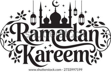 A black and white graphic design features the text 'Ramadan Kareem' in elegant calligraphy, adorned with floral elements and swirls. Above the text, a silhouette of a mosque with minarets and a crescent moon sits prominently. Several traditional Islamic lanterns hang from decorative chains, adding to the festive and religious ambiance of the design.