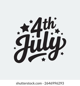 A black and white graphic design featuring the text 4th July in a stylized script font. The lettering is bold and slightly curved. Small, simple black stars are scattered around the text. 