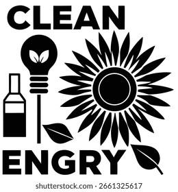 Un Diseño gráfico en blanco y negro con las palabras energía limpia, un girasol, una bombilla con hojas, una hoja y una botella.