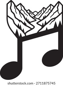 Un Diseño gráfico en blanco y negro con una estilizada cordillera con un río que fluye por el valle, inteligentemente integrado en la forma de una octava nota musical. El diseño es limpio, audaz,