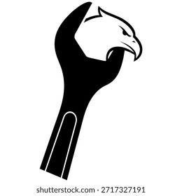 Un Diseño gráfico blanco y negro con la cabeza de un águila integrada en la parte superior de una llave inglesa, que simboliza la fuerza, la precisión y la artesanía.