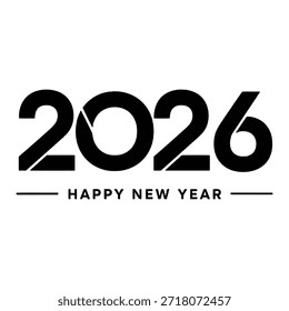 Ein schwarz-weißes Grafikdesign mit '2026' in großer fettgedruckter Schrift mit 'HAPPY NEW YEAR' in kleinerem Text darunter, einzeln auf weißem Hintergrund
