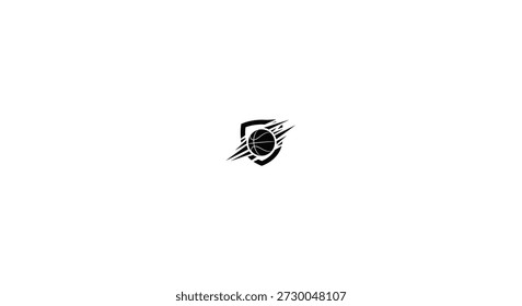 a black and white graphic design featuring a basketball within a shield silhouette