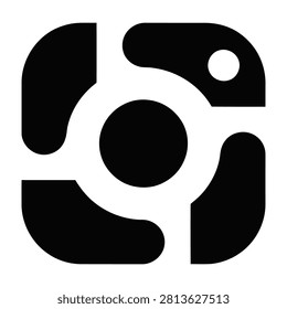 A black and white graphic design featuring a stylized camera lens icon on transparent background representing photography and visual arts