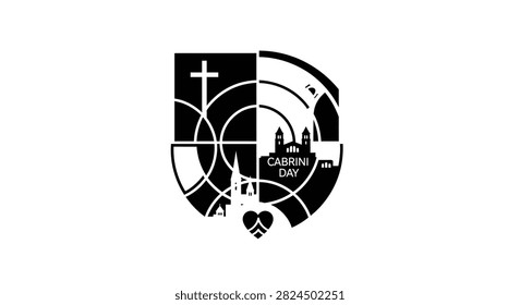 A black and white graphic design featuring a cross a church building silhouette and the text Cabrini Day integrated into a circular geometric pattern