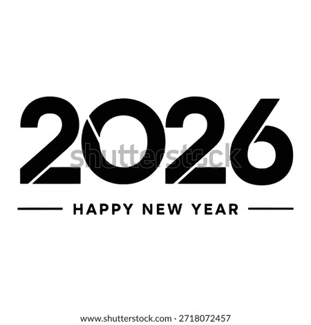 A black and white graphic design featuring '2026' in large bold font with 'HAPPY NEW YEAR' in smaller text underneath, isolated on white background