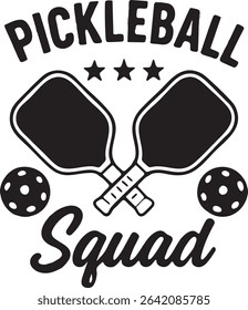 A black and white graphic design showcasing pickleball paddles, balls, stars, and the words "Pickleball Squad."