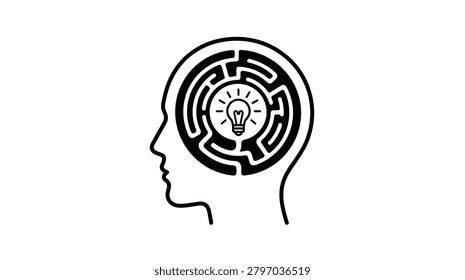 A black and white graphic design showing a human head silhouette with a circular labyrinth inside the brain area and a bright idea lightbulb icon in the middle