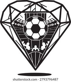 A black and white graphic of a diamond shape with a soccer ball in the center, featuring a stadium in the background, with bold lines and geometric shapes, creating a striking visual effect.