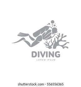 Black and white graphic diving logo template with diver swimming underwater, vector illustration isolated on white background. Scuba diving, snorkeling logotype, logo design with stylized diver