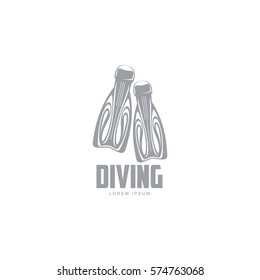 Black and white graphic diving logo template with pair of flippers, vector illustration isolated on white background. Graphic scuba diving, snorkeling logotype, logo design with stylized flippers