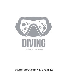 Black and white graphic diving logo template with diver mask, vector illustration isolated on white background.
