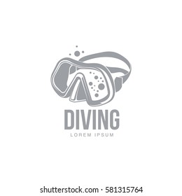 Black and white graphic diving logo template with diver mask, vector illustration isolated on white background. Scuba diving, snorkeling logotype, logo design with stylized mask, front view