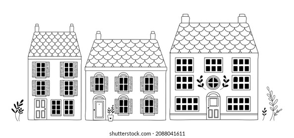 Black and white graphic doodle cute buildings houses vector set