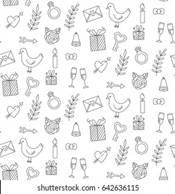 Black and white graphic doodle icons symbols love romance wedding seamless vector pattern