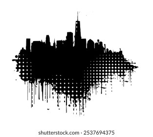 Black and white graphic drawing city and blots. hand drawing. Not AI. Vector illustration