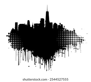 Black and white graphic drawing city and blots. hand drawing. Not AI. Vector illustration