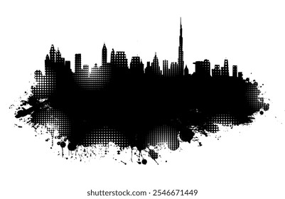 Black and white graphic drawing city and blots. hand drawing. Not AI. Vector illustration