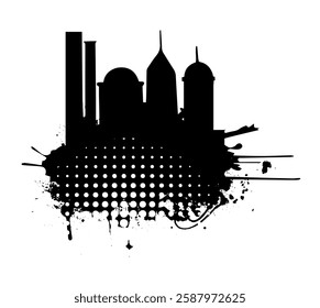 Black and white graphic drawing city and blots. hand drawing. Not AI. Vector illustration