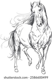 Black and white graphic drawing of a graceful running horse. An elegant and dynamic sketch made in the style of an ink or pencil sketch. Graphic drawing of a running horse.