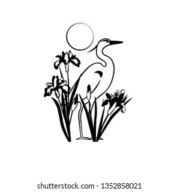 Black and white graphic drawing of a heron, irises and sun isolated on a white bakground.
