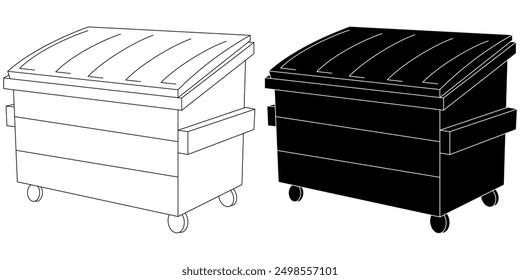 Black and white and white and black graphic of a dumpster bin