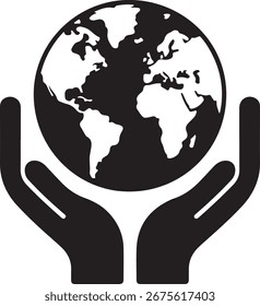 Schwarz-Weiß-Grafik der Erde in Händen gehalten, symbolisiert globale Fürsorge und Schutz