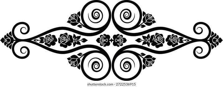 A black and white graphic element features a symmetrical design with scrolling vines and rose flowers.